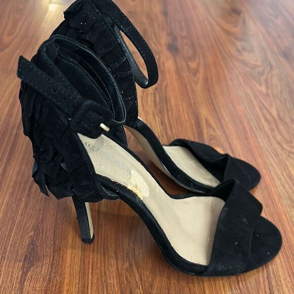 Saks Fifth Avenue suede ruffle high heels ankle strap size 6.5 as is - Picture 1 of 8
